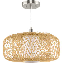 Cordova Collection Medium One-Light Natural Rattan Organic Modern Pendant with White Linen Shade - Dry Location Listed