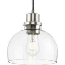 Garris Collection One-Light Brushed Nickel Clear Glass Transitional Mini-Pendant - Dry Location Listed