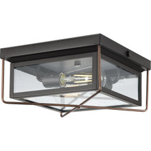 Barlowe Collection Two-Light Antique Bronze and Clear Seeded Glass Farmhouse Style Flush Mount Ceiling Light - Damp Location Listed
