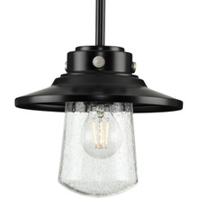 Tremont Collection One-Light Matte Black and Clear Seeded Glass Farmhouse Style Hanging Mini-Pendant Light - Damp Location Listed