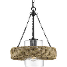Pembroke Collection One-Light 18.5" Matte Black Coastal Outdoor Pendant with Mocha Rattan Accents and Seeded Glass Shade - Damp Location Listed