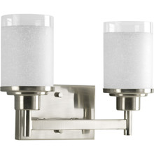 Alexa Collection Two-Light Brushed Nickel Etched Linen With Clear Edge Glass Modern Bath Vanity Light - Damp Location Listed