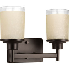 Alexa Collection Two-Light Antique Bronze Etched Umber Linen With Clear Edge Glass Modern Bath Vanity Light - Damp Location Listed