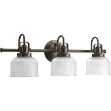 Archie Collection Three-Light Venetian Bronze Clear Double Prismatic Glass Coastal Bath Vanity Light - Damp Location Listed