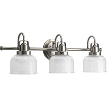Archie Collection Three-Light Antique Nickel Clear Double Prismatic Glass Coastal Bath Vanity Light - Damp Location Listed