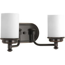 Glide Collection Two-Light Rubbed Bronze Etched Opal Glass Coastal Bath Vanity Light - Damp Location Listed