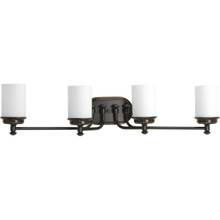 Glide Collection Four-Light Rubbed Bronze Etched Opal Glass Coastal Bath Vanity Light - Damp Location Listed
