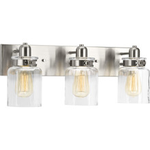 Calhoun Collection Three-Light Brushed Nickel Clear Glass Farmhouse Bath Vanity Light - Damp Location Listed