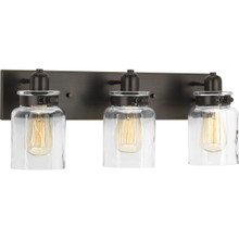 Calhoun Collection Three-Light Antique Bronze Clear Glass Farmhouse Bath Vanity Light - Damp Location Listed