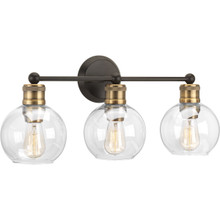 Hansford Collection Three-Light Antique Bronze Clear Glass Coastal Bath Vanity Light - Damp Location Listed