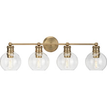 Hansford Collection Four-Light Vintage Brass Clear Glass Farmhouse Bath Vanity Light - Damp Location Listed