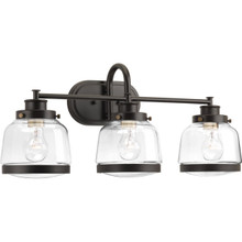 Judson Collection Three-Light Antique Bronze Clear Glass Farmhouse Bath Vanity Light - Damp Location Listed