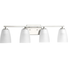 Leap Collection Four-Light Brushed Nickel Etched Glass Modern Bath Vanity Light - Damp Location Listed