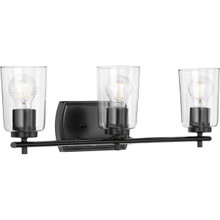 Adley Collection Three-Light Matte Black Clear Glass New Traditional Bath Vanity Light - Damp Location Listed