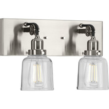 Rushton Collection Two-Light Brushed Nickel Clear Glass Farmhouse Bath Vanity Light - Damp Location Listed