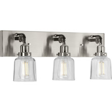 Rushton Collection Three-Light Brushed Nickel Clear Glass Farmhouse Bath Vanity Light - Damp Location Listed