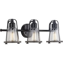 Conway Collection Three-Light Matte Black and Clear Seeded Farmhouse Style Bath Vanity Wall Light - Damp Location Listed