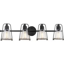 Conway Collection Four-Light Matte Black and Clear Seeded Farmhouse Style Bath Vanity Wall Light - Damp Location Listed