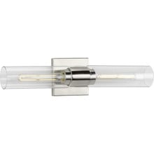 Clarion Collection Two-Light Brushed Nickel and Clear Glass Modern Style Bath Vanity Wall Light - Damp Location Listed