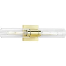 Clarion Collection Two-Light Satin Brass Clear and Glass Modern Style Bath Vanity Wall Light - Damp Location Listed
