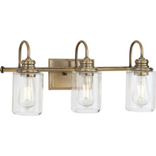 Aiken Collection Three-Light Clear Glass Vintage Style Brass Farmhouse Style Bath Vanity Wall Light - Damp Location Listed