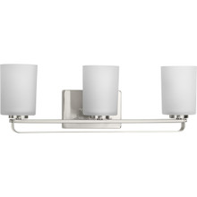 League Collection Three-Light Brushed Nickel and Etched Glass Modern Farmhouse Bath Vanity Light - Damp Location Listed
