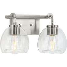 Caisson Collection Two-Light Brushed Nickel Clear Glass Urban Industrial Bath Vanity Light - Damp Location Listed