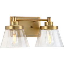 Hinton Collection Two-Light Vintage Brass Clear Seeded Glass Farmhouse Bath Vanity Light - Damp Location Listed