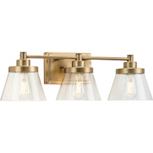 Hinton Collection Three-Light Vintage Brass Clear Seeded Glass Farmhouse Bath Vanity Light - Damp Location Listed