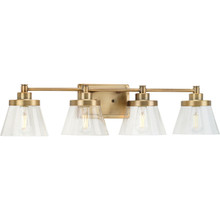 Hinton Collection Four-Light Vintage Brass Clear Seeded Glass Farmhouse Bath Vanity Light - Damp Location Listed