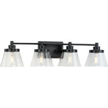 Hinton Collection Four-Light Matte Black Clear Seeded Glass Farmhouse Bath Vanity Light - Damp Location Listed