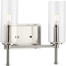 Elara Collection Two-Light New Traditional Brushed Nickel Clear Glass Bath Vanity Light - Damp Location Listed