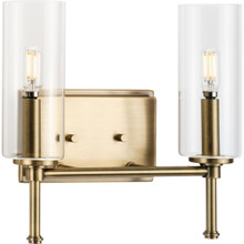 Elara Collection Two-Light New Traditional Vintage Brass Clear Glass Bath Vanity Light - Damp Location Listed