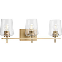 Calais Collection Three-Light Vintage Brass Clear Glass New Traditional Bath Vanity Light - Damp Location Listed