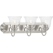 Three-Light Brushed Nickel Transitional Bath and Vanity Light with Clear Glass for Bathroom - Damp Location Listed