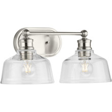 Singleton Collection Two-Light 17" Brushed Nickel Farmhouse Vanity Light with Clear Glass Shades - Damp Location Listed
