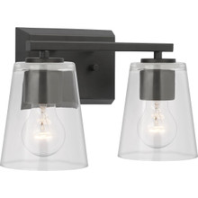 Vertex Collection Two-Light Matte Black Clear Glass Contemporary Bath Light - Damp Location Listed