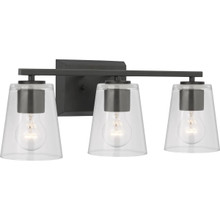 Vertex Collection Three-Light Matte Black Clear Glass Contemporary Bath Light - Damp Location Listed