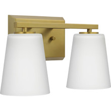 Vertex Collection Two-Light Brushed Gold Etched White Glass Contemporary Bath Light - Damp Location Listed