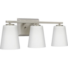 Vertex Collection Three-Light Brushed Nickel Etched White Glass Contemporary Bath Light - Damp Location Listed