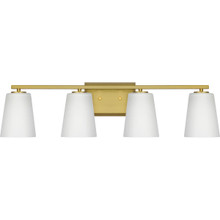 Vertex Collection Four-Light Brushed Gold Etched White Glass Contemporary Bath Light - Damp Location Listed