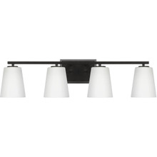 Vertex Collection Four-Light Matte Black Etched White Glass Contemporary Bath Light - Damp Location Listed