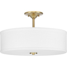 Inspire Collection 18" Three-Light Transitional Satin Brass Summer Linen Glass Semi-Flush Mount Light - Damp Location Listed