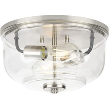 Rushton Collection Two-Light Brushed Nickel and Clear Glass Industrial Style Flush Mount Ceiling Light - Damp Location Listed