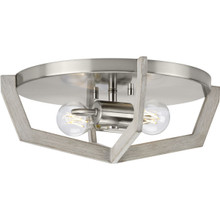 Galloway Collection Two-Light 15" Brushed Nickel Modern Farmhouse Flush Mount Light with Grey Washed Oak Accents - Damp Location Listed