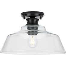 Singleton Collection One-Light 14" Matte Black Farmhouse Medium Semi-Flush Mount Light with Clear Glass Shade - Damp Location Listed