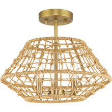 Laila Collection 16 in. Three-Light Vintage Brass Coastal Semi-Flush Convertible with Woven Jute Accents - Damp Location Listed