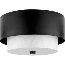 Silva Collection Two-Light Matte Black White Linen Shade 14" Flush Mount - Damp Location Listed