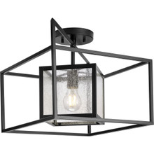 Navarre One-Light Matte Black and Seeded Glass Indoor/Outdoor Close-to-Ceiling Light - Damp Location Listed