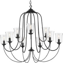 Bowman Collection Nine-Light Matte Black Clear Chiseled Glass Coastal Chandelier Light - Dry Location Listed